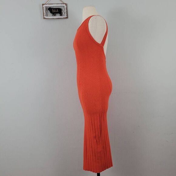 Enza Costa Compact Cotton‎ Scoop Back Midi Dress Sz XS Sunset Orange Ribbed - Picture 6 of 13